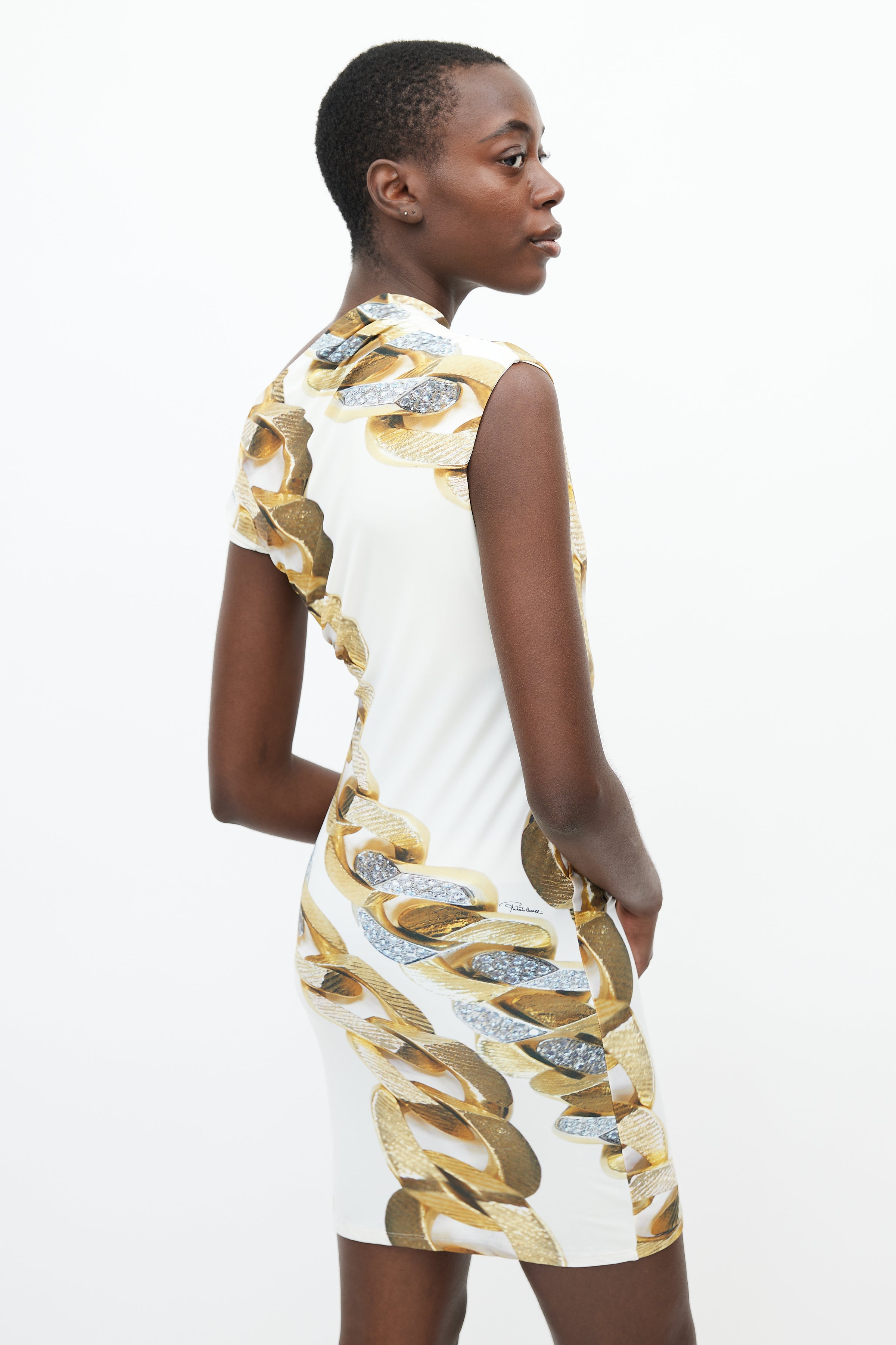 Roberto Cavalli // White & Gold Chain Print Asymmetrical Dress VSP Consignment Roberto Cavalli // White & Gold Chain Print Asymmetrical Dress VSP Consignment