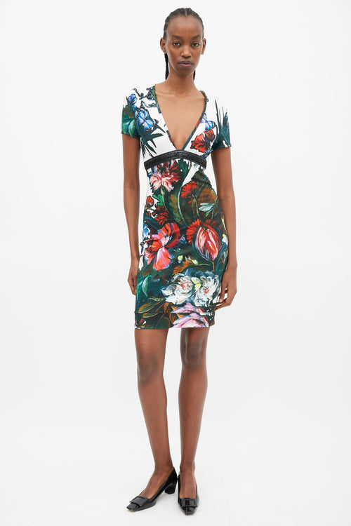 Roberto Cavalli White & Multicolour Floral Braided Trim Dress