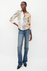 Roberto Cavalli White & Multicolour Floral Dotted Silk Shirt
