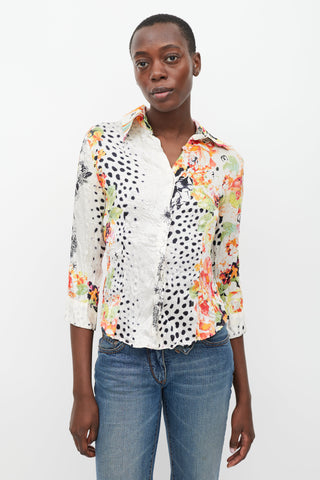 Roberto Cavalli White & Multicolour Floral Dotted Silk Shirt