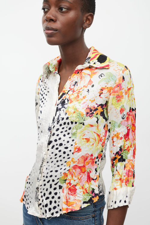 Roberto Cavalli White & Multicolour Floral Dotted Silk Shirt