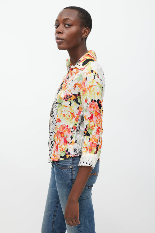 Roberto Cavalli White & Multicolour Floral Dotted Silk Shirt