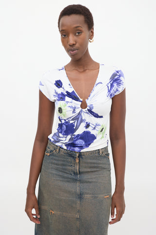 Roberto Cavalli White & Purple Floral Gathered Top