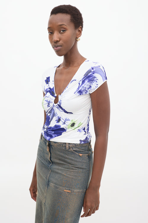 Roberto Cavalli White & Purple Floral Gathered Top