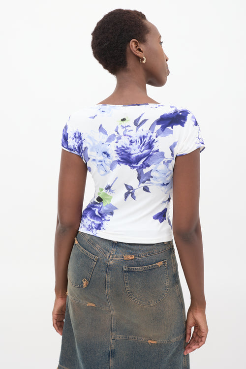 Roberto Cavalli White & Purple Floral Gathered Top