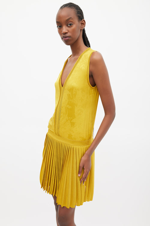 Roberto Cavalli Yellow Jacquared Pleated Drop Waist Dress