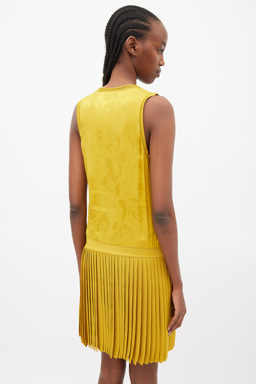 Roberto Cavalli Yellow Jacquared Pleated Drop Waist Dress