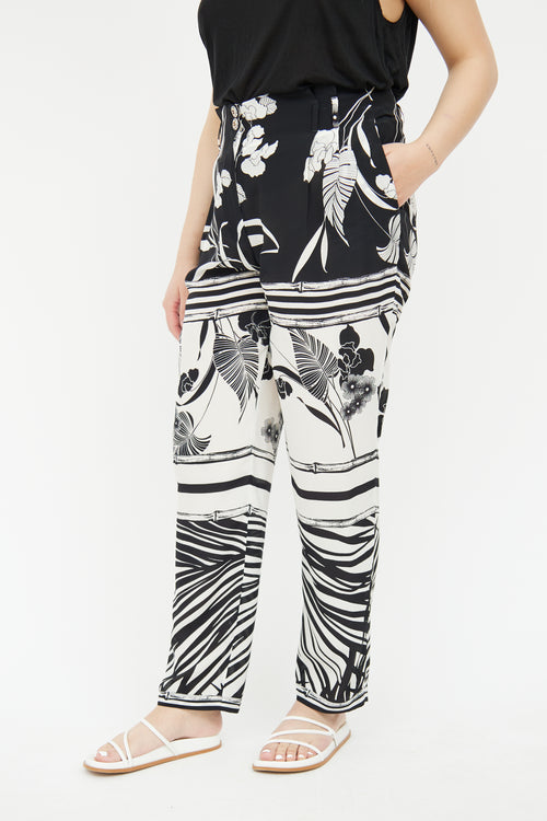 Roberto Cavalli Black & White Pleated Silk Pant
