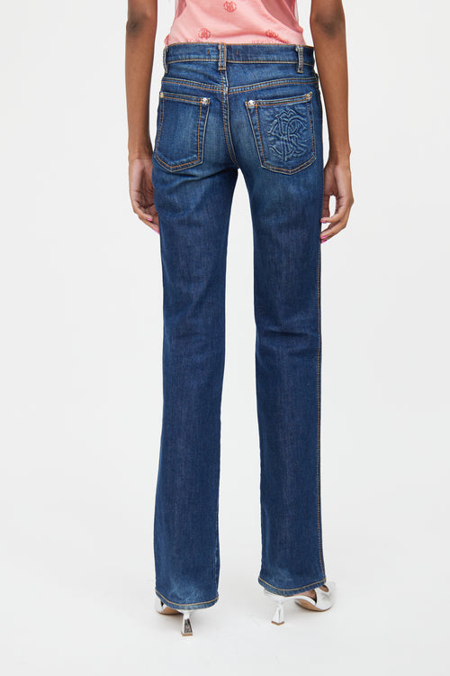 Roberto Cavalli Medium Wash Straight Leg Logo Jeans