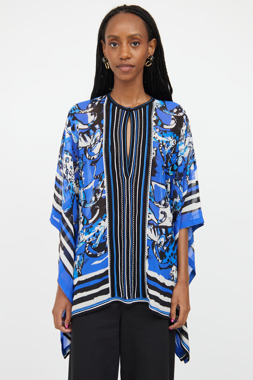 Roberto Cavalli Blue & Multicolour Silk Embroidered Top