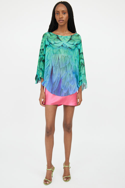 Roberto Cavalli Green & Blue Silk Gradient Feather Top