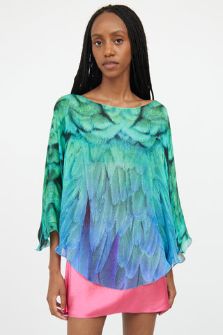 Roberto Cavalli Green & Blue Silk Gradient Feather Top