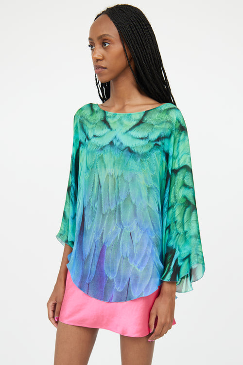 Roberto Cavalli Green & Blue Silk Gradient Feather Top