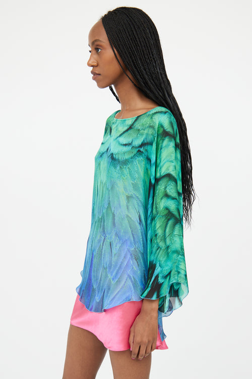 Roberto Cavalli Green & Blue Silk Gradient Feather Top