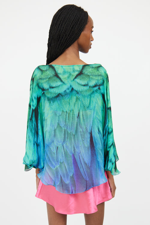 Roberto Cavalli Green & Blue Silk Gradient Feather Top