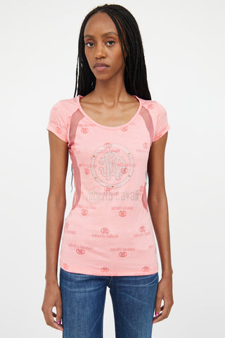 Roberto Cavalli Pink & Silver Rhinestone Mesh Logo Top