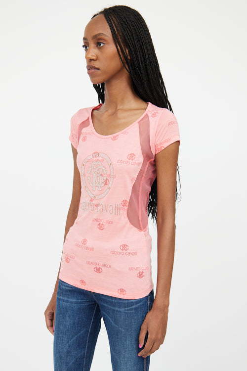 Roberto Cavalli Pink & Silver Rhinestone Mesh Logo Top