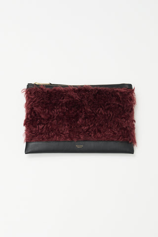 Rochas Black Leather & Burgundy Faux Fur Zip Pouch