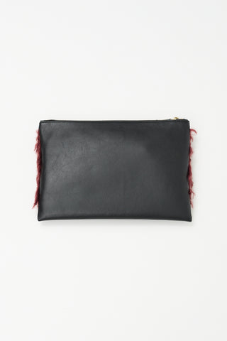 Rochas Black Leather & Burgundy Faux Fur Zip Pouch