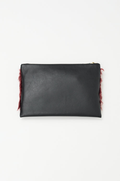 Rochas Black Leather & Burgundy Faux Fur Zip Pouch