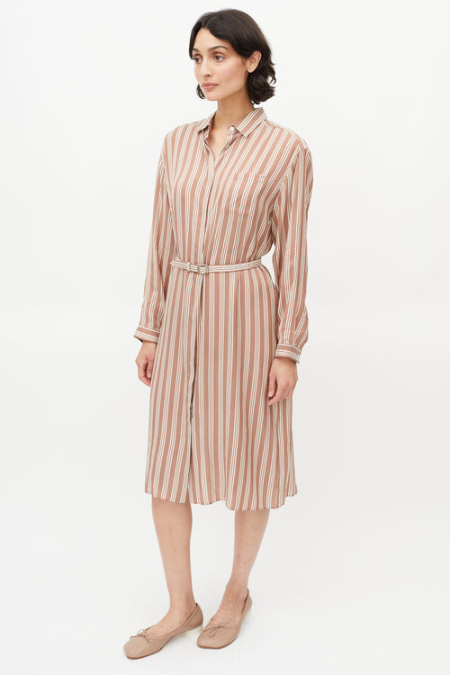 Rochas Brown & White Stripe Belted Shirt Dress