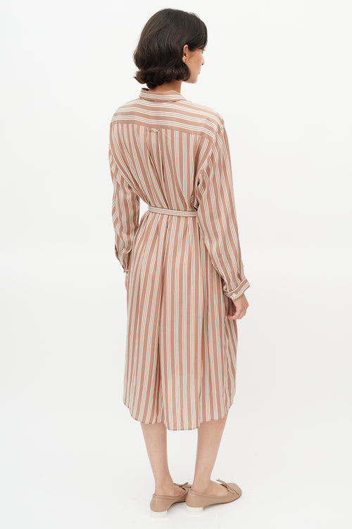 Rochas Brown & White Stripe Belted Shirt Dress