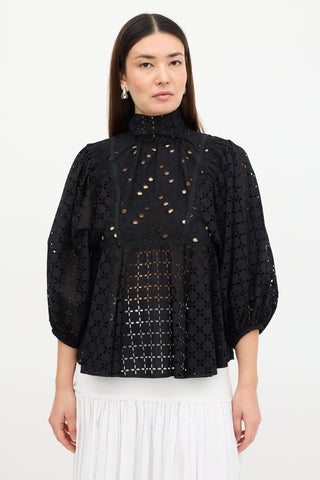 Rochas Mock Neck Embroidered Blouse