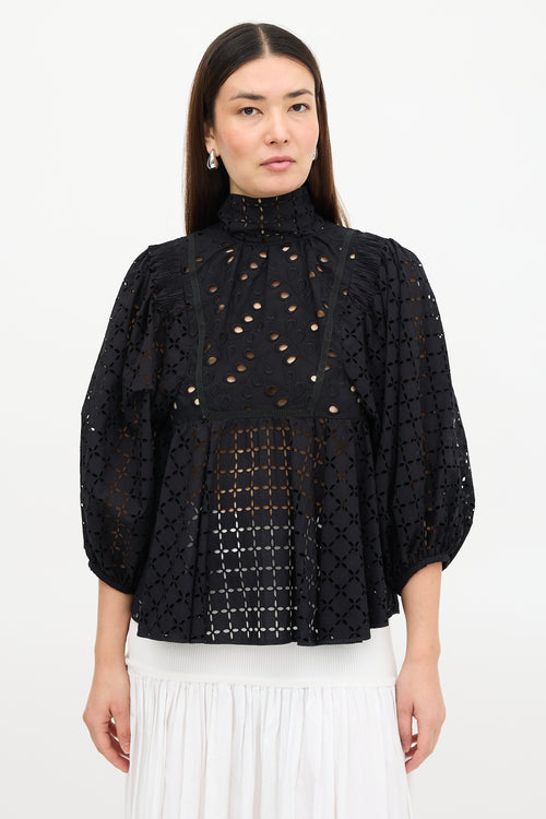 Rochas Mock Neck Embroidered Blouse