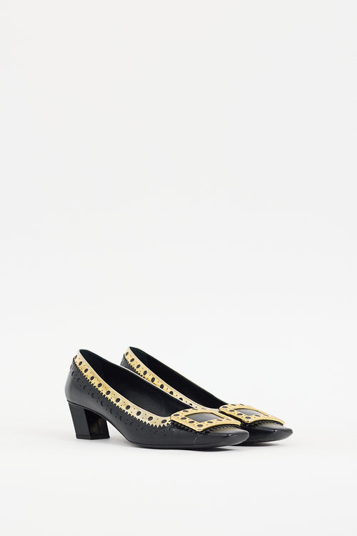 Roger Vivier Black & Gold Laser Cut Leather Belle Vivier Pump