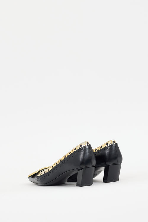 Roger Vivier Black & Gold Laser Cut Leather Belle Vivier Pump