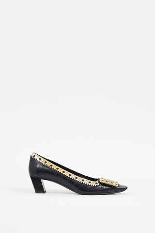 Roger Vivier Black & Gold Laser Cut Leather Belle Vivier Pump