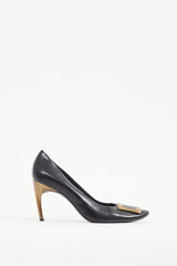 Roger Vivier Black & Gold Buckle Leather Trompette Pump