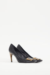 Roger Vivier Black & Gold Buckle Leather Trompette Pump