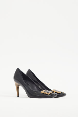 Roger Vivier Black & Gold Buckle Leather Trompette Pump