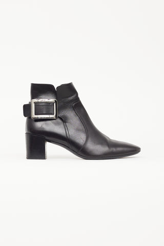 Roger Vivier Black Leather & Silver Buckle Ankle Boot