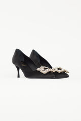 Roger Vivier Black Satin Flower Strass Buckle Pump
