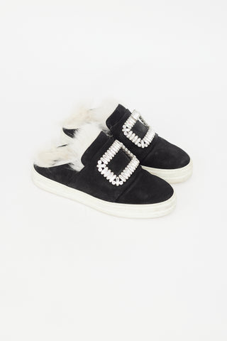 Roger Vivier Black Suede & Shearling Buckle Sneaker Mule