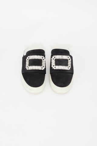 Roger Vivier Black Suede & Shearling Buckle Sneaker Mule