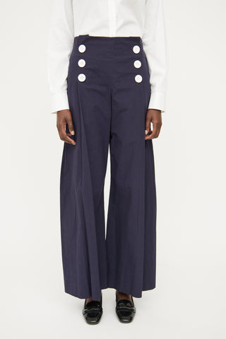 Rosie Assoulin Navy & White Button Wide Leg Pant