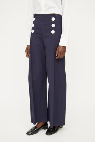 Rosie Assoulin Navy & White Button Wide Leg Pant