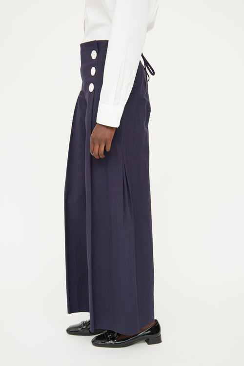 Rosie Assoulin Navy & White Button Wide Leg Pant