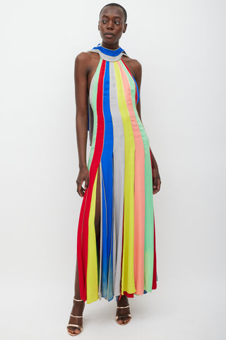 Rosie Assoulin Blue & Multicolour Silk Striped Halter Dress