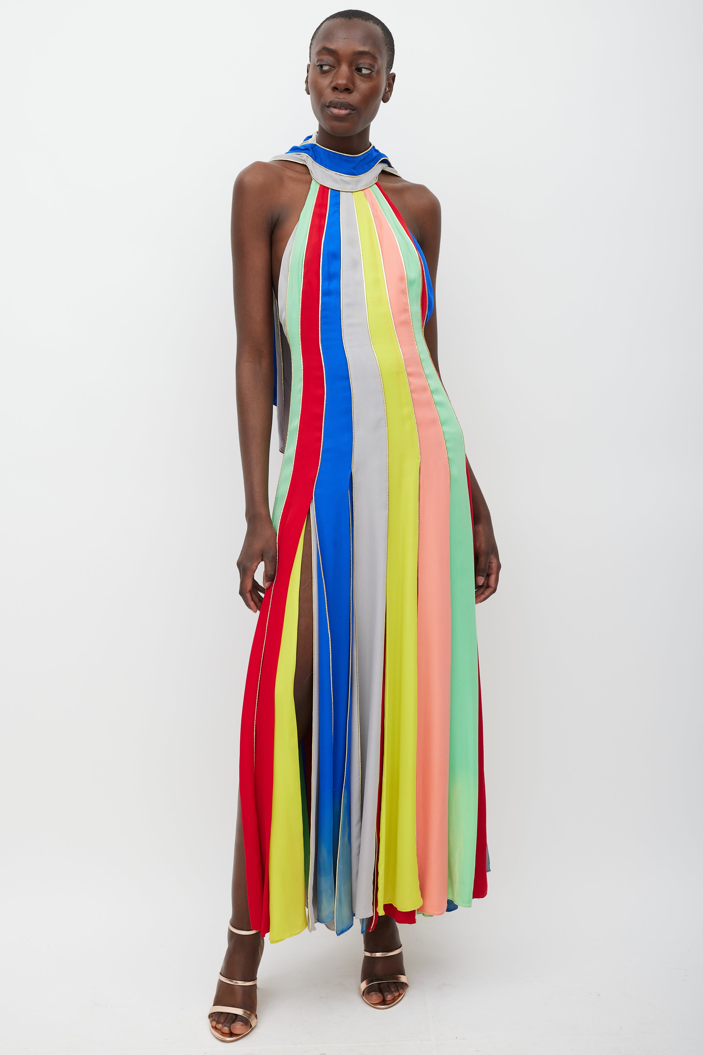 Rosie Assoulin // Blue & Multicolour Silk Striped Halter Dress – VSP Consignment Rosie Assoulin // Blue & Multicolour Silk Striped Halter Dress – VSP Consignment