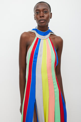 Rosie Assoulin Blue & Multicolour Silk Striped Halter Dress