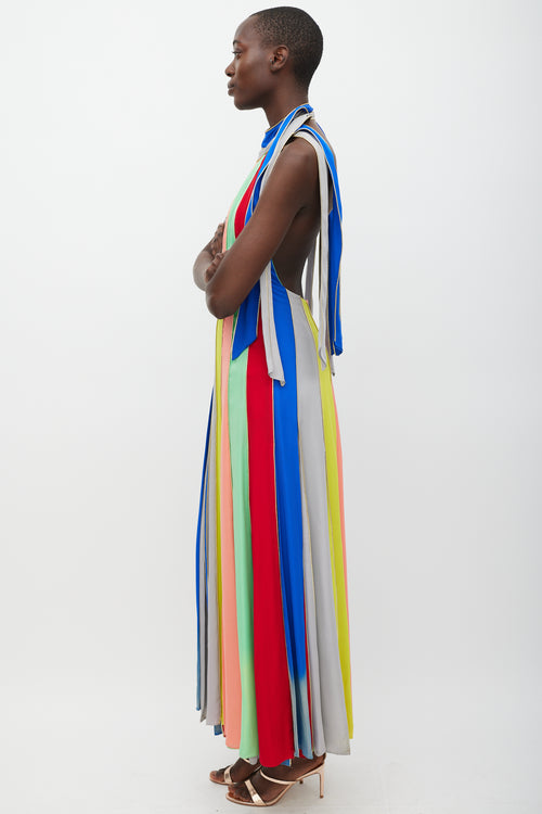 Rosie Assoulin Blue & Multicolour Silk Striped Halter Dress