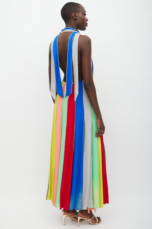 Rosie Assoulin Blue & Multicolour Silk Striped Halter Dress