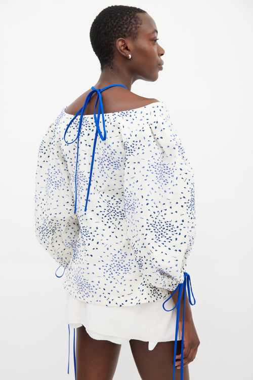 Rosie Assoulin Cream & Blue Embroidered Top
