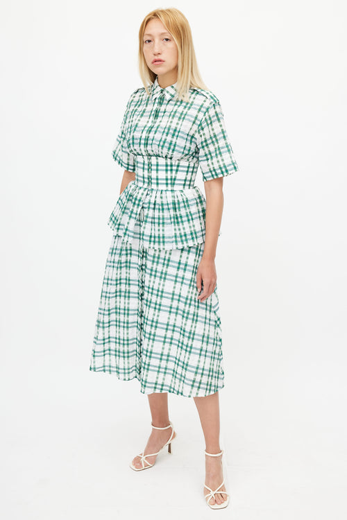 Rosie Assoulin Green & White Check Short Sleeve Dress