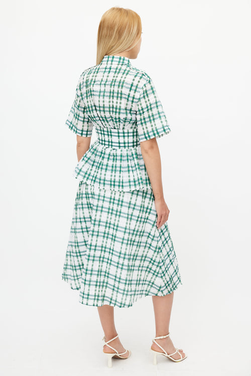 Rosie Assoulin Green & White Check Short Sleeve Dress