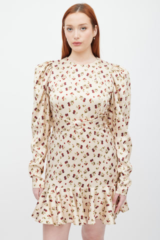 Rotate Beige & Multicolour Printed Puff Sleeve Dress